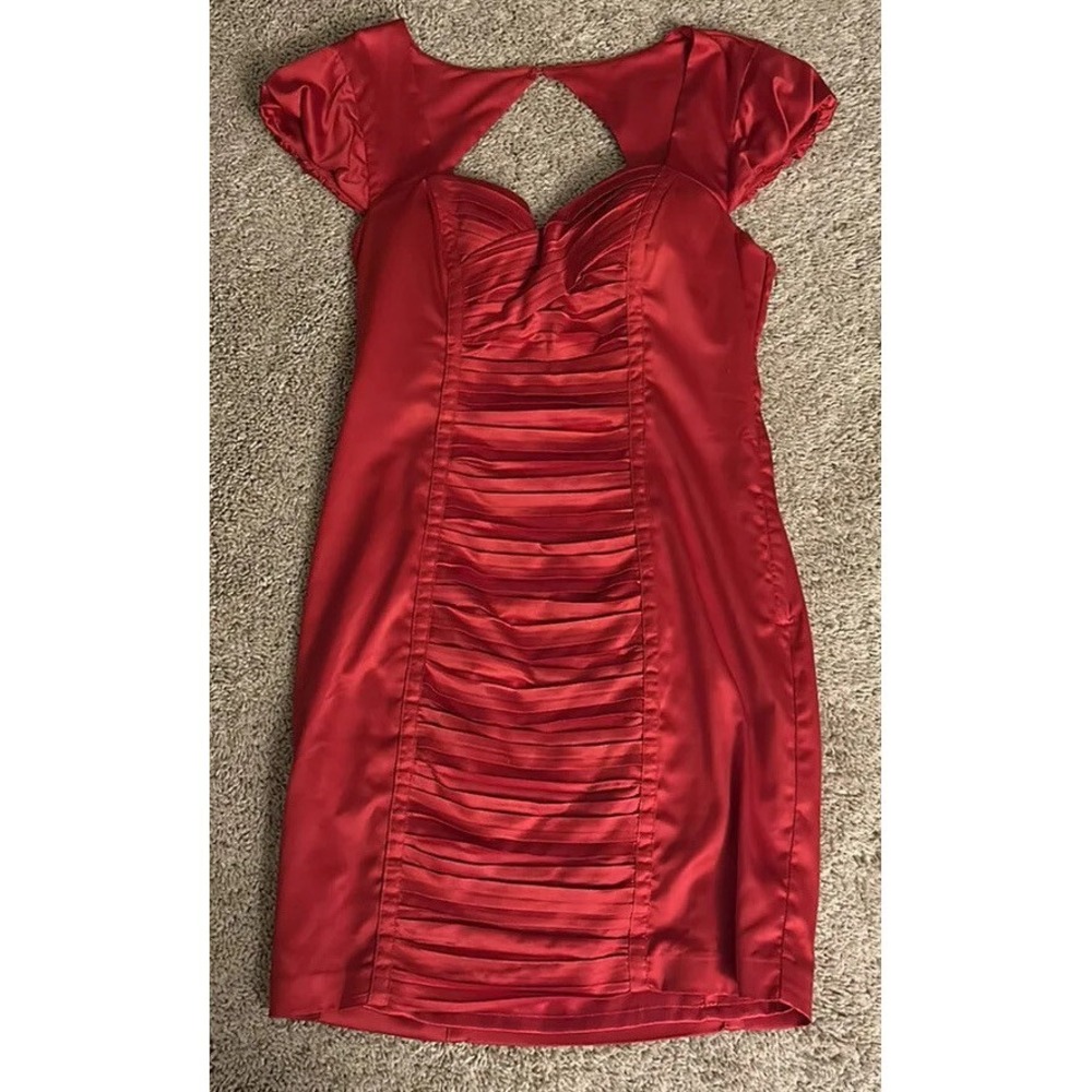 Guess Los Angeles Red Satin Ruched Bodycon Mini Dress Puff Sleeve Keyhole Back 8